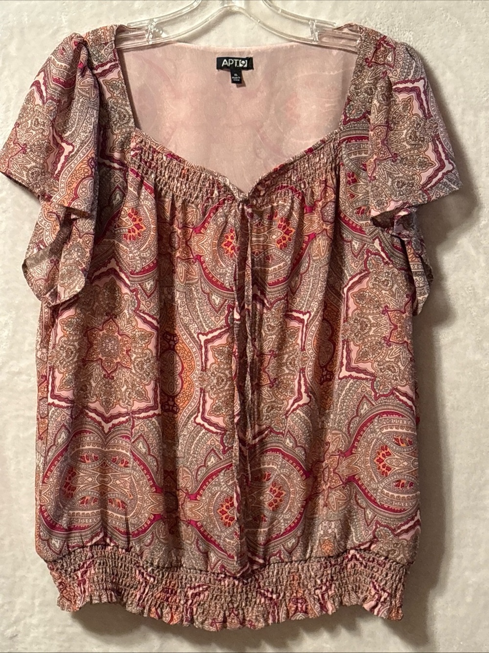Apt. 9 Pink and Tan Paisley Tie-Front Peasant Top